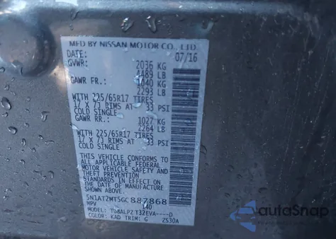 2016 Nissan Rogue S z USA, uszkodzony, nr VIN 5N1AT2MT5GC887868